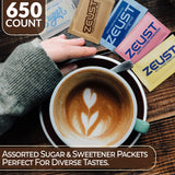 Sugar Packets for Coffee - 650-Pack Individual Sugar and Sweetener Assortment Packets: Zero-Calorie Sweetener, Raw Turbinado Sugar, Premium Cane Sugar, Coffee Stirrers